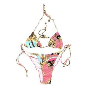 Air Space Cheetah and Gold Chain Print Bikini Set w Coverup in Pink/Blue, Size M